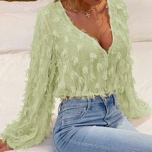NWOT. Fringe overlay chiffon blouse .